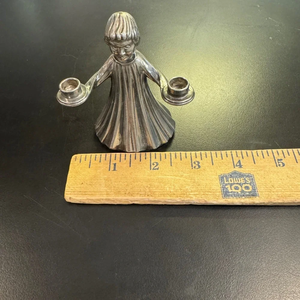Italy Angel Candle Holder Small Silver Tone Vintage Double Taper Figurine